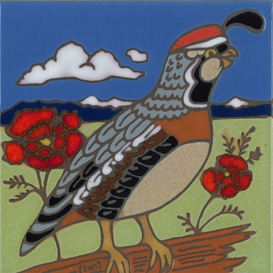 A square decorative tile or art print featuring a stylized quail bird in profile, wearing a red and white hat, standing on a log with red flowers and a blue sky background.
