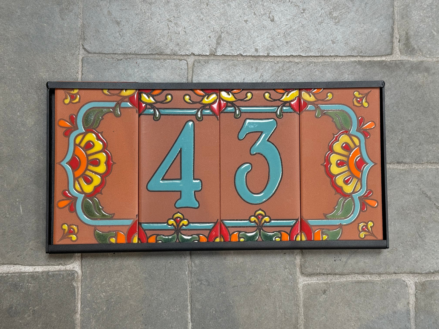 Custom Tile House Numbers with Talavera End Caps, Terra Cotta Background, and Turquoise Numbers