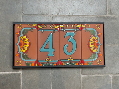 Custom Tile House Numbers with Talavera End Caps, Terra Cotta Background, and Turquoise Numbers