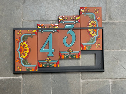 Custom Tile House Numbers with Talavera End Caps, Terra Cotta Background, and Turquoise Numbers