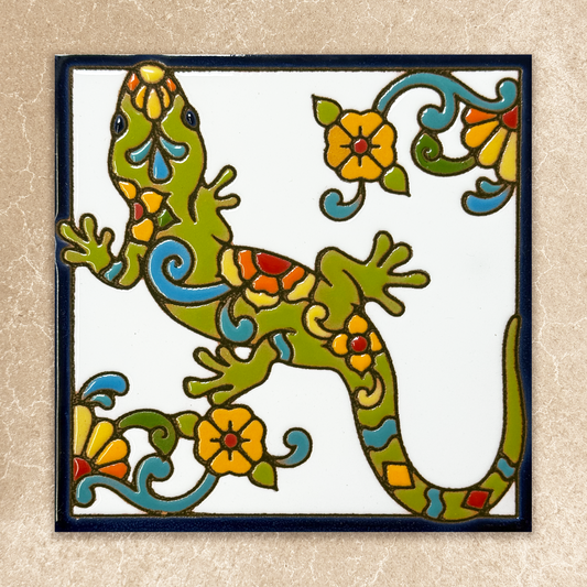 Decorative tile with a colorful lizard and floral patterns on a beige background