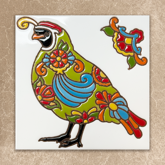 talavera quail on white ceramic tile