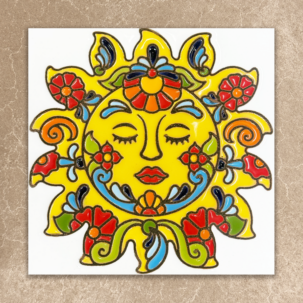 Colorful sun with face design on a white background