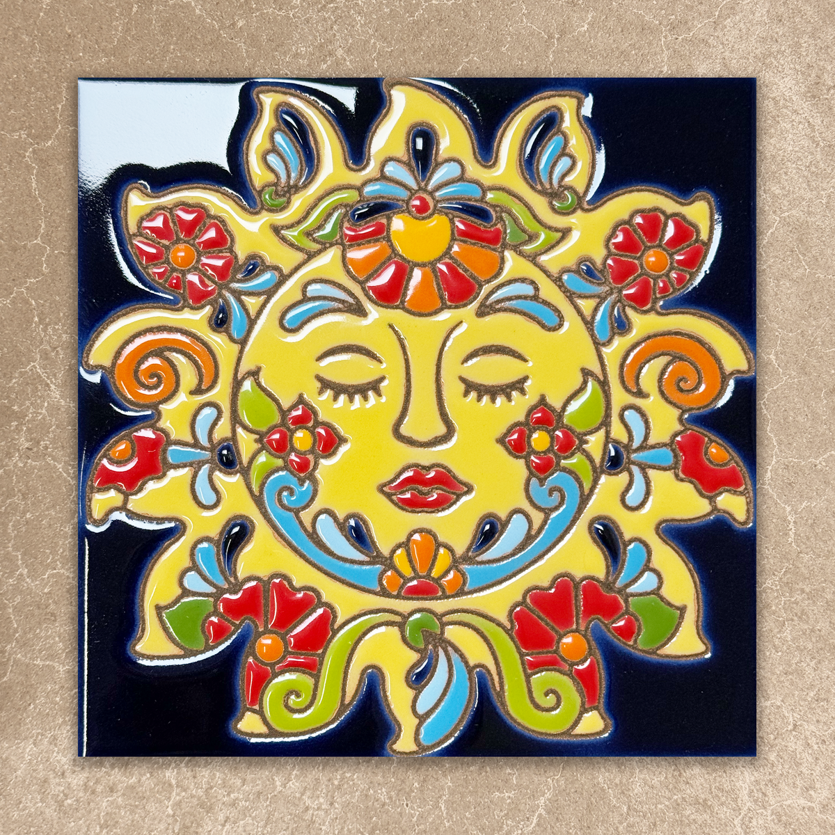 yellow sun ceramic tile on blue background