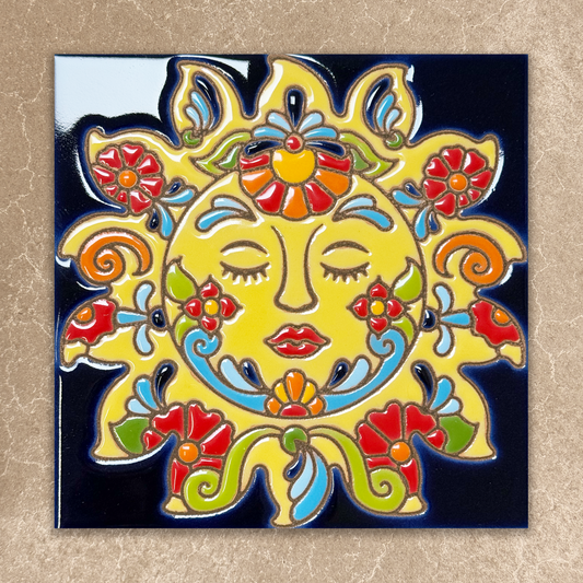 yellow sun ceramic tile on blue background