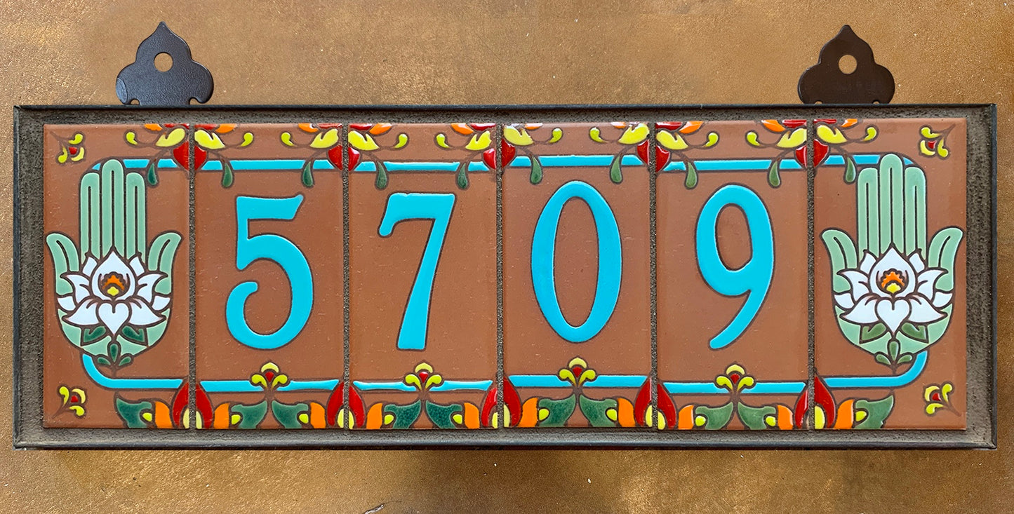 Custom Tile House Numbers with Hamsa Hand End Caps, Terra Cotta Background, and Turquoise Numbers