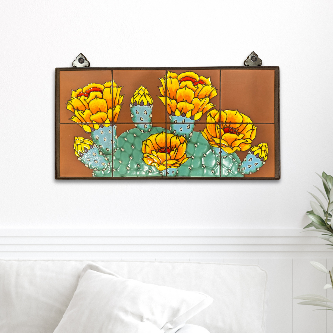 Prickly Pear Cactus Tile Mural 24"x12" | Hand-Glazed Ceramic Wall Art | Framed or Loose Tiles | Desert Decor Made in Arizona | Terra Cotta