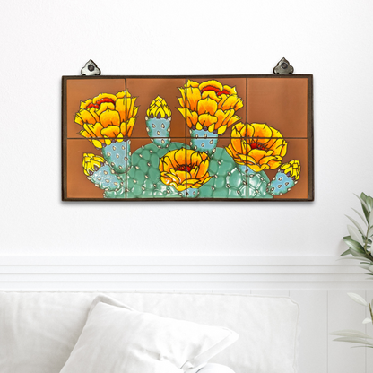 Prickly Pear Cactus Tile Mural 24"x12" | Hand-Glazed Ceramic Wall Art | Framed or Loose Tiles | Desert Decor Made in Arizona | Terra Cotta