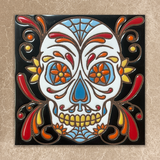 Colorful skull design with floral elements on a beige background