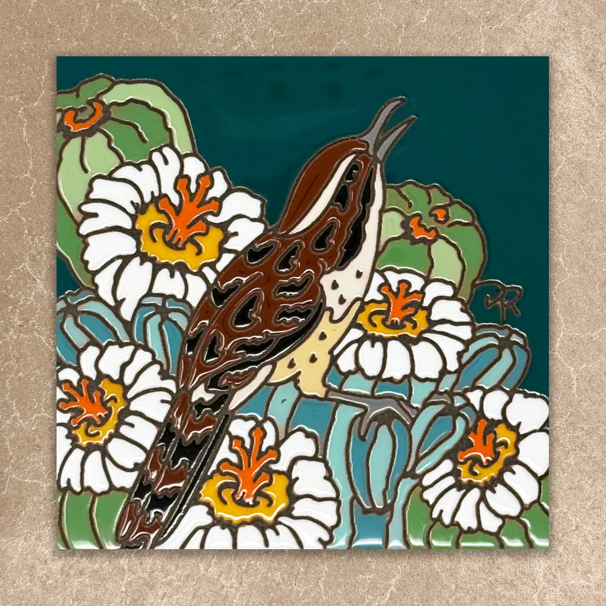desert cactus wren on cactus ceramic tile