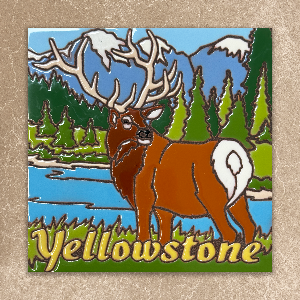 Deer illustration with 'Yellowstone' text on a scenic background