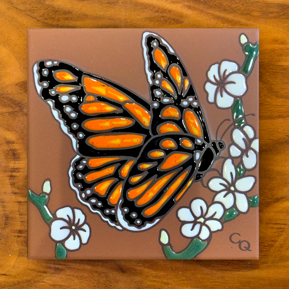 Monarch with White Flowers Tile Art Trivet