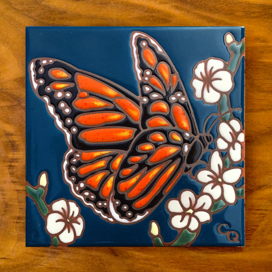 Monarch with White Flowers Tile Art Trivet
