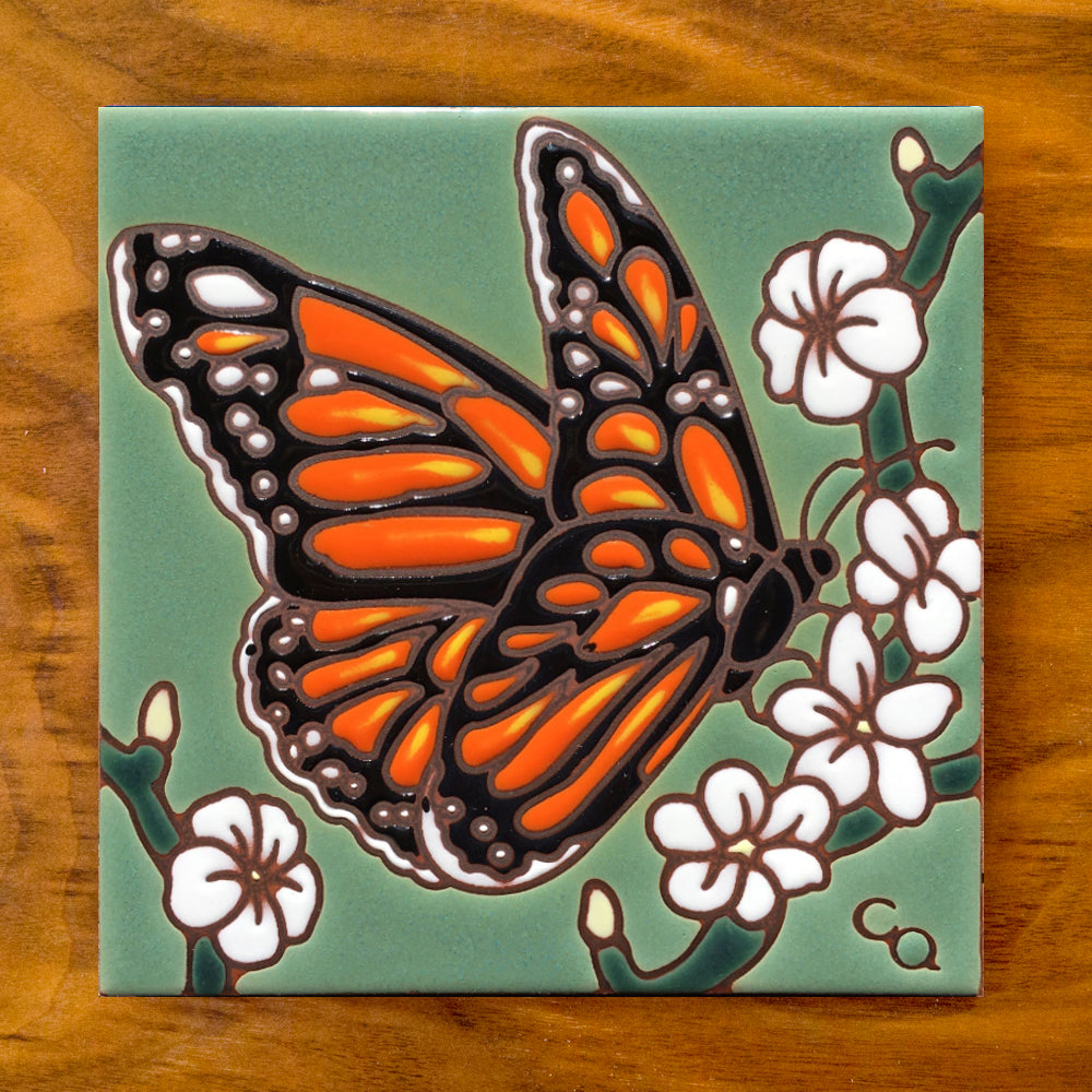 Monarch with White Flowers Tile Art Trivet