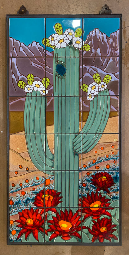 Saguaro with Full Background Fine Art Tile Mural 18"x36"